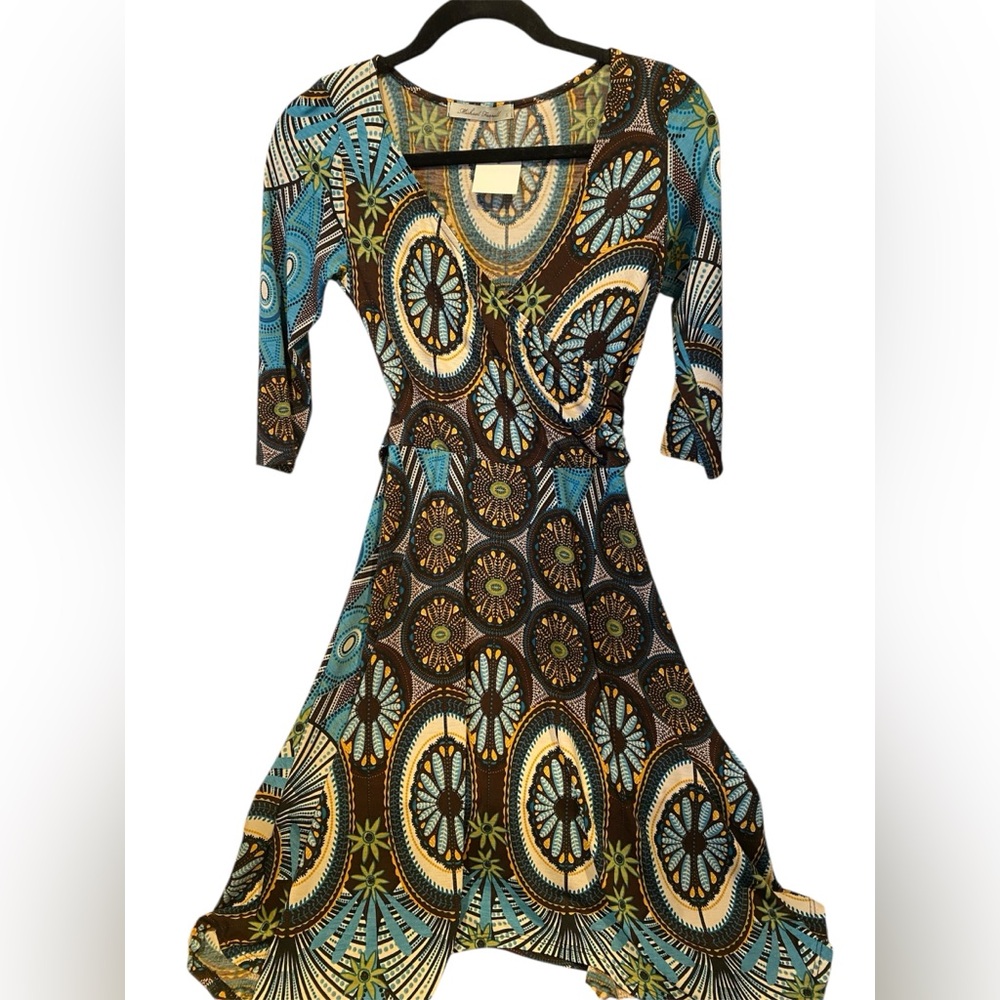 Michael Farrell - Retro 1970s Style Geometric Print ¾ Sleeve A-Line Dress